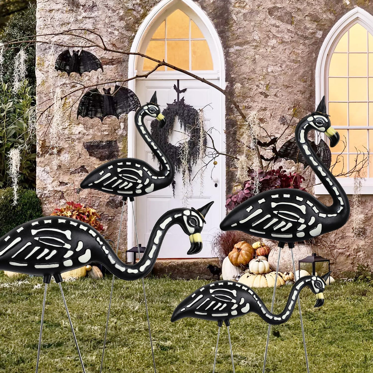TitTees Halloween Decorations 2 Pack Black Flamingo Skeleton, Zombie Flamingos for Spooky Graveyard Decor, Skull Flamingo with Stakes for Halloween Lawn Ornaments