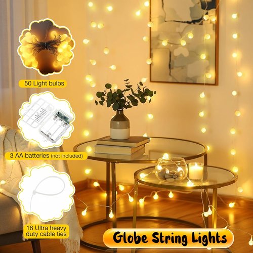 Enhon 50 LED Battery Operated String Lights - 23 Ft Globe Fairy Lights with Timer | Warm White for Indoor/Outdoor Decor