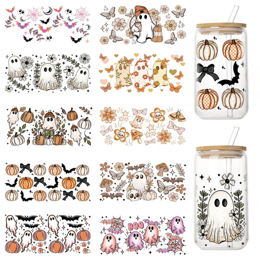 10 Sheets Halloween UV DTF Transfer Stickers for Glass, Cute Ghost Flower Rub on Transfers for Autumn Cup Wrap Crafts Funny No Heat Needed Ready to Apply