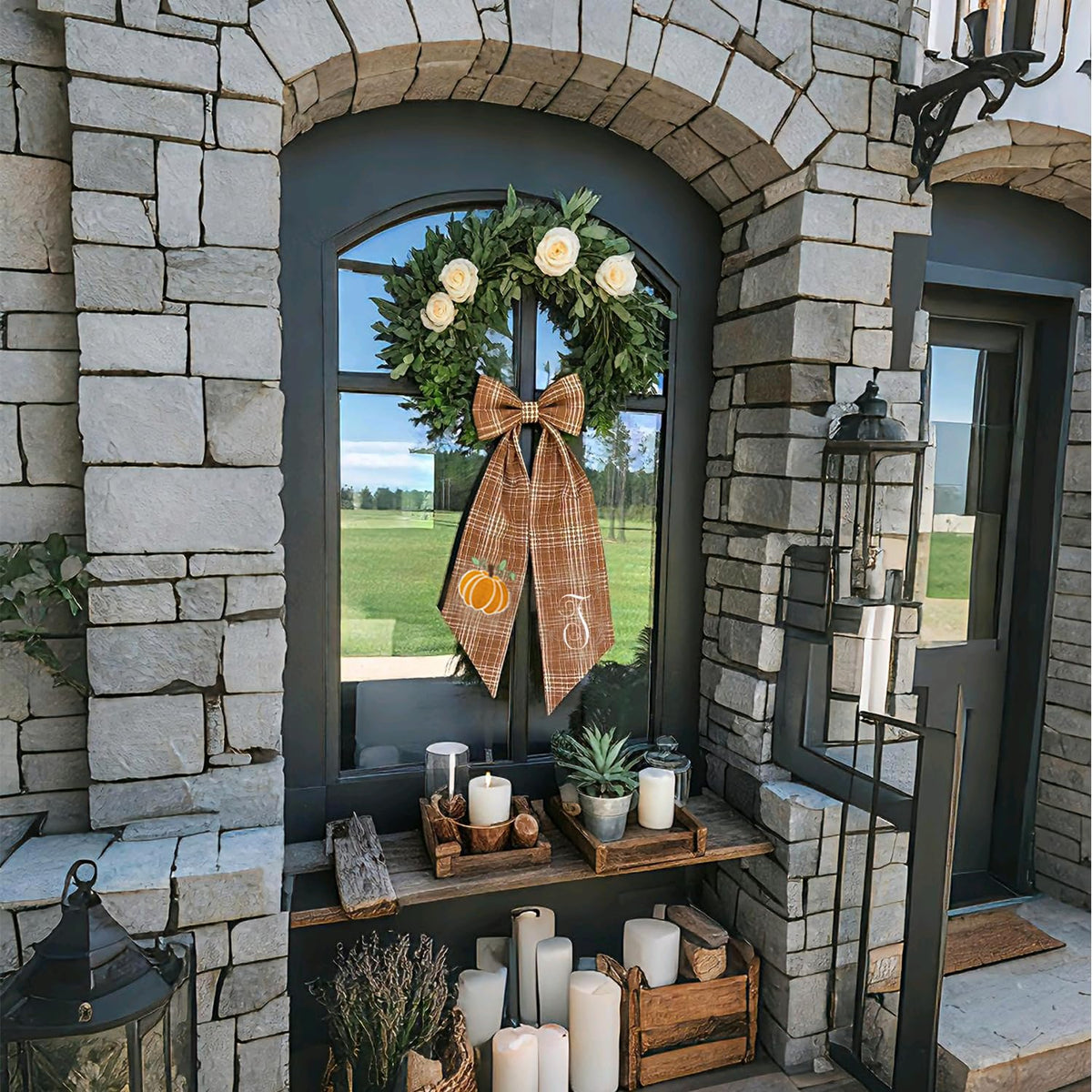 Autumn Door Wreath Sash Embroidered with White Letters and Pumpkins On A Plaid Wreath Sash Ideal for Housewarming Gifts, Autumn Thanksgiving, Halloween, and Christmas Porch Decorations -R