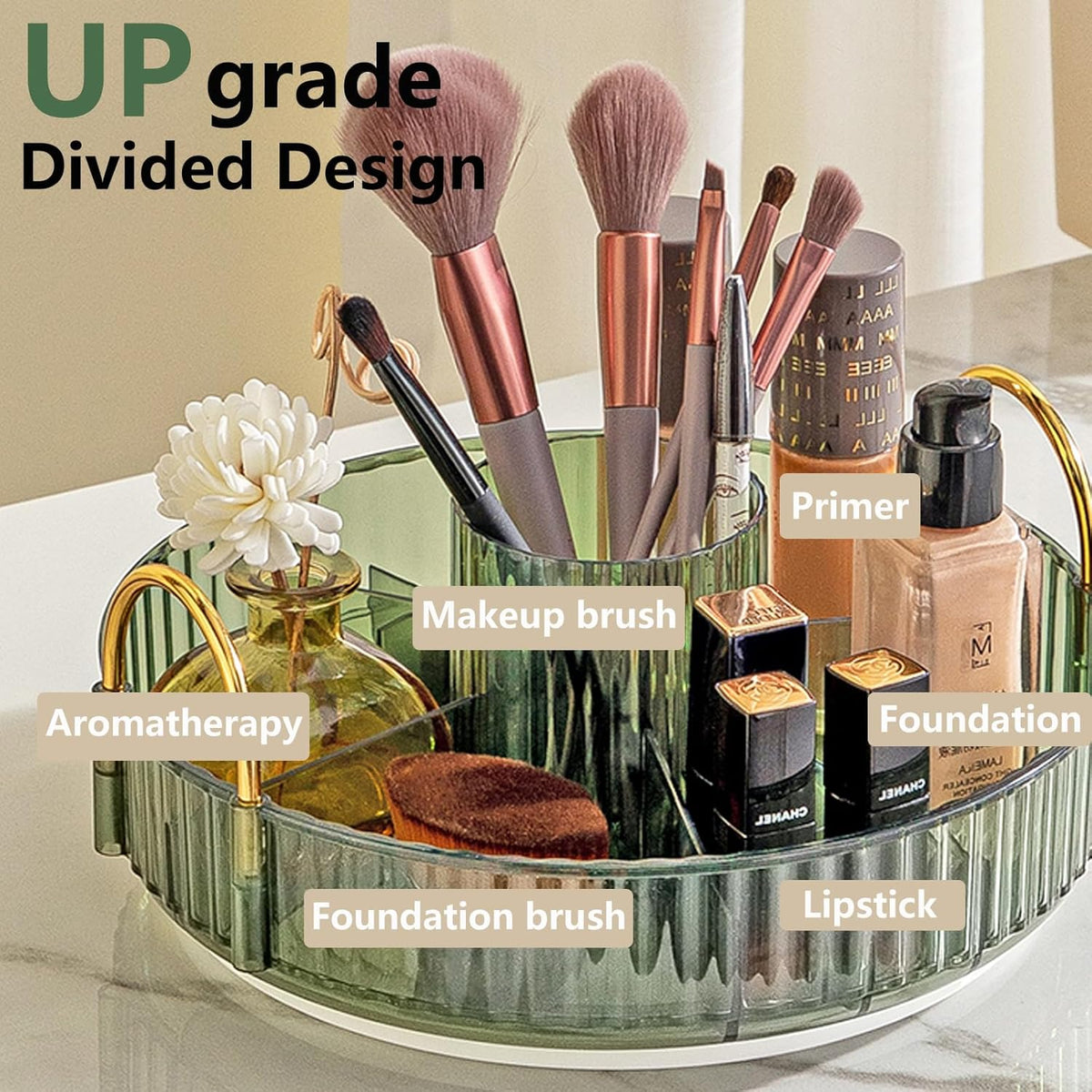 Asayuee 360 Rotating Makeup Organizer - Large Capacity 2-Tier Storage for Cosmetics & Skincare | Green