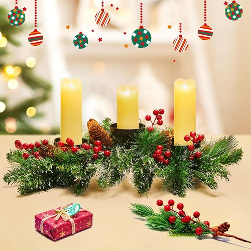 Brightown 20.5” Iron Christmas Candle Holder - Festive Pine Needles, Red Berries & Gold Accents
