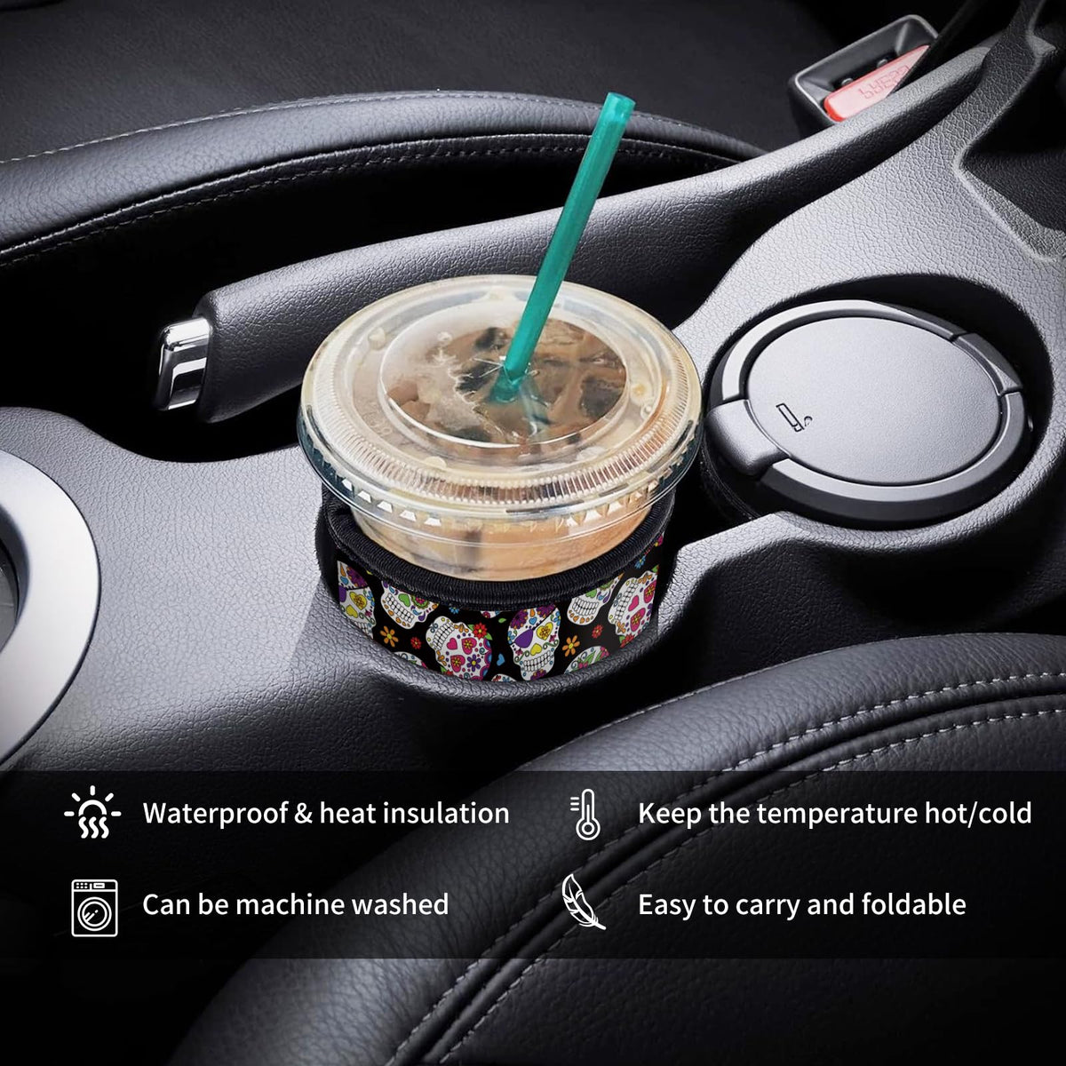 AUEKLLW 3 Pack Reusable Neoprene Insulator Sleeve for Iced Coffee Cups, Funny Coffee Cup Sleeves for 16-32oz Coffee cups, Cute Drink Sleeve for Cold Hot Beverages Cute Floral Skull