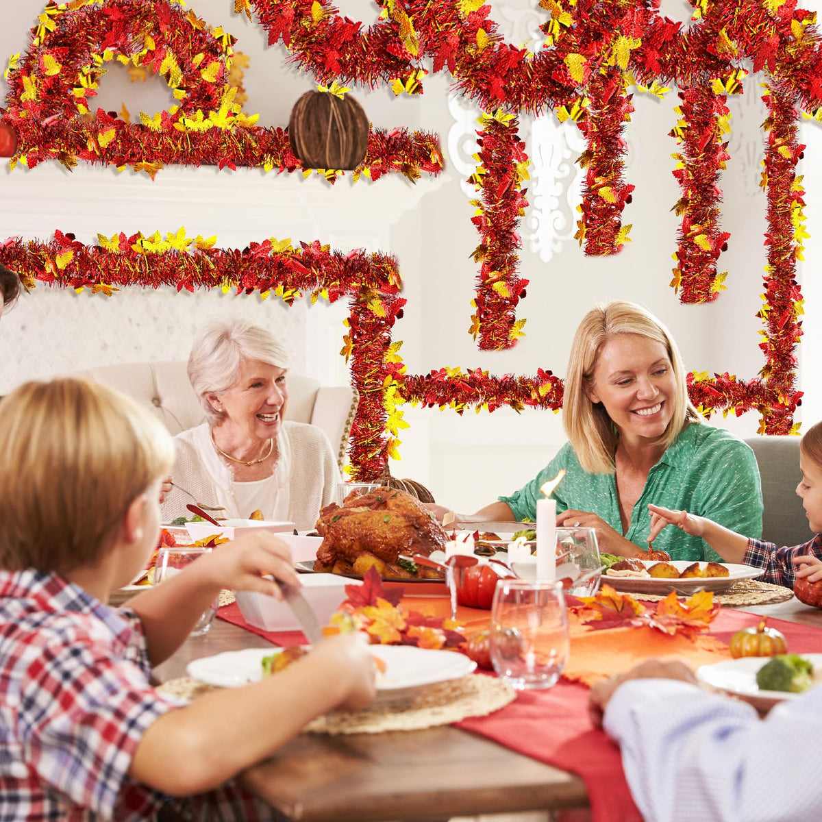 4 Strings Total 26.4 FT Thanksgiving Maple Leaf Tinsel Garlands – Each 6.6 FT Red Gold Metallic Fall Leaf Garland for Autumn, Harvest, and Thanksgiving Party Decorations