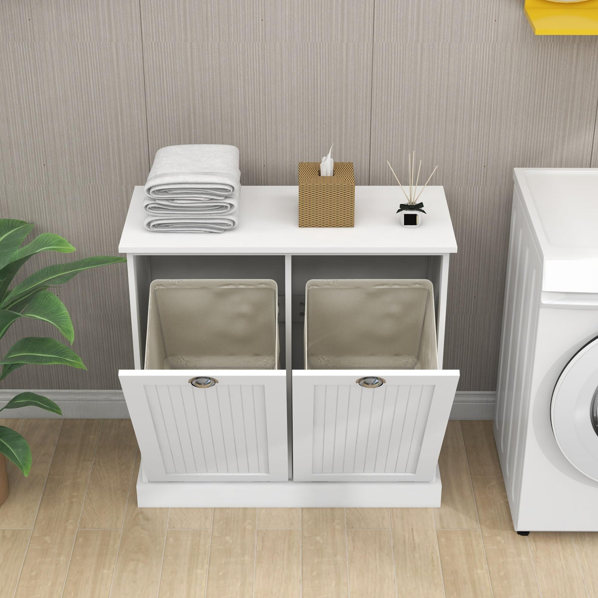 Contemporary Storage Cabinet, Two-Compartment Tilt-Out Laundry Sorter Cabinet, for Bathroom Hallway,for Kitchen Home