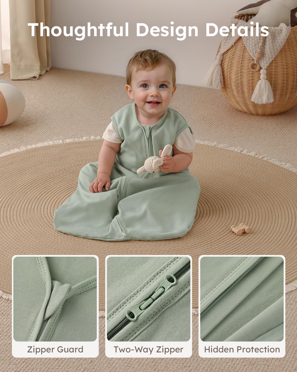 Yoofoss Baby Sleep Sack - 100% Organic Cotton Wearable Blanket | 12-18 Months, 2-Way Zipper, 3 Pack