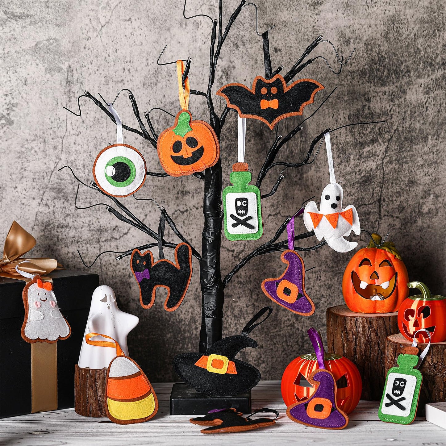 Breling 20 Pcs Halloween Felt Ornaments 3D Halloween Tree Hanging Decorations 3.15 Inch Ghost Bat Pumpkin Black Cat Witch Hat Felt Ornaments for Garland Banner Mantle Wall Party Decor