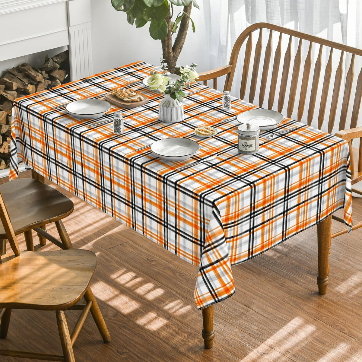 Horaldaily Halloween Tablecloth 52x70 Inch Rectangular, Fall Orange Buffalo Plaid Washable Table Cover for Party Picnic Dinner Decor