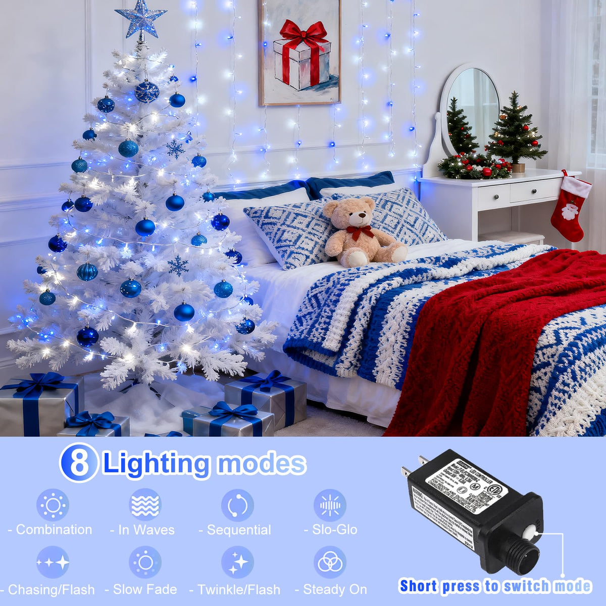 100FT 300 LED Outdoor String Lights, Plug in Connectable Christmas Lights Indoor Waterproof, 8 Modes String Lights for Outside Bedroom Home Xmas Tree Patio Yard Party Decorations, Blue and White