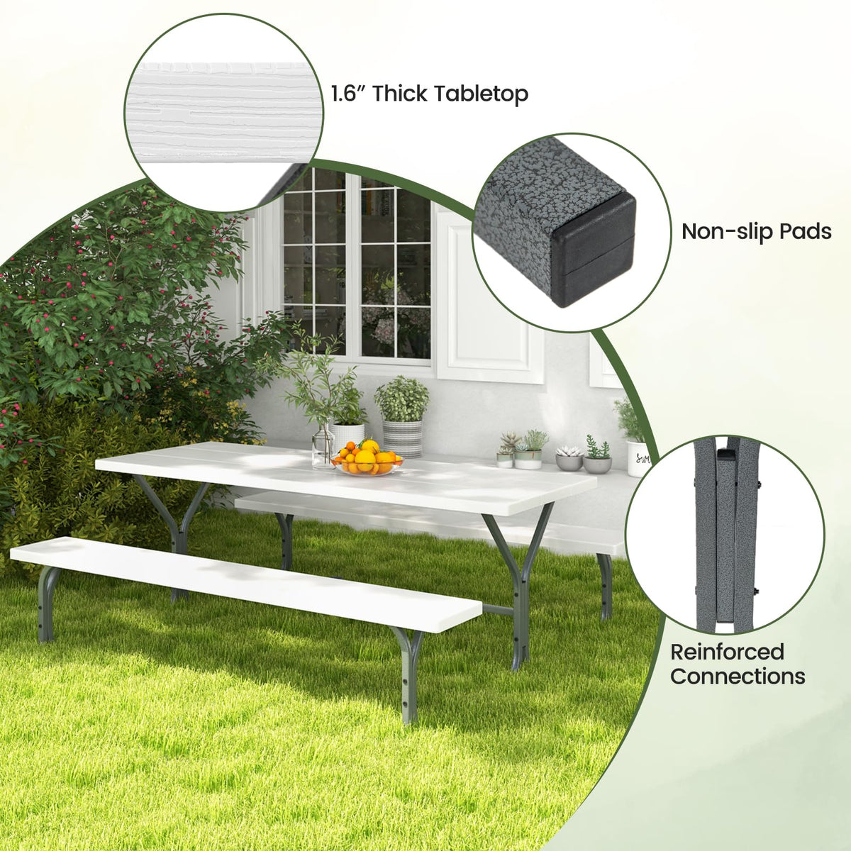Giantex Picnic Table 6FT for 8 Person, Outdoor Table Set w/ 2 Benches, All-Weather HDPE Rectangular Tabletop, Heavy Duty Metal Legs, Umbrella Hole, for Patio Yard Lawn Party (White)
