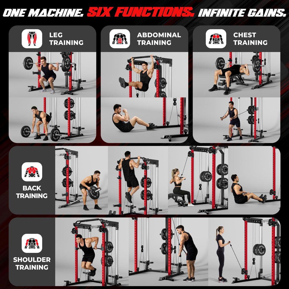 JELENS C21 Power Cage, 2000LBS Multi-Function Power Rack with Independent Dual Pulley System, All-in-One Squat Rack for Cable Crossover, Home Gym Workout Machine (Red, 260LBS Black)