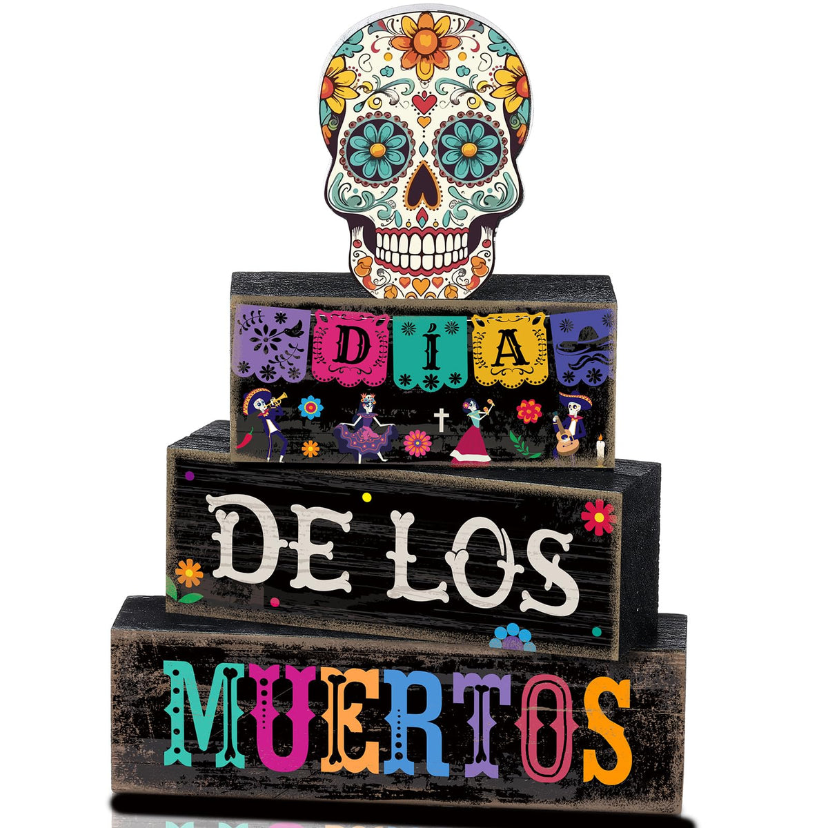 Lineshading 4 Pcs Day of The Dead Table Decorations Day of The Dead Centerpiece for Table Dia De Los Muertos Tiered Tray Decor Wood Sugar Skull Block Signs for Halloween Party Home Shelf Decoration
