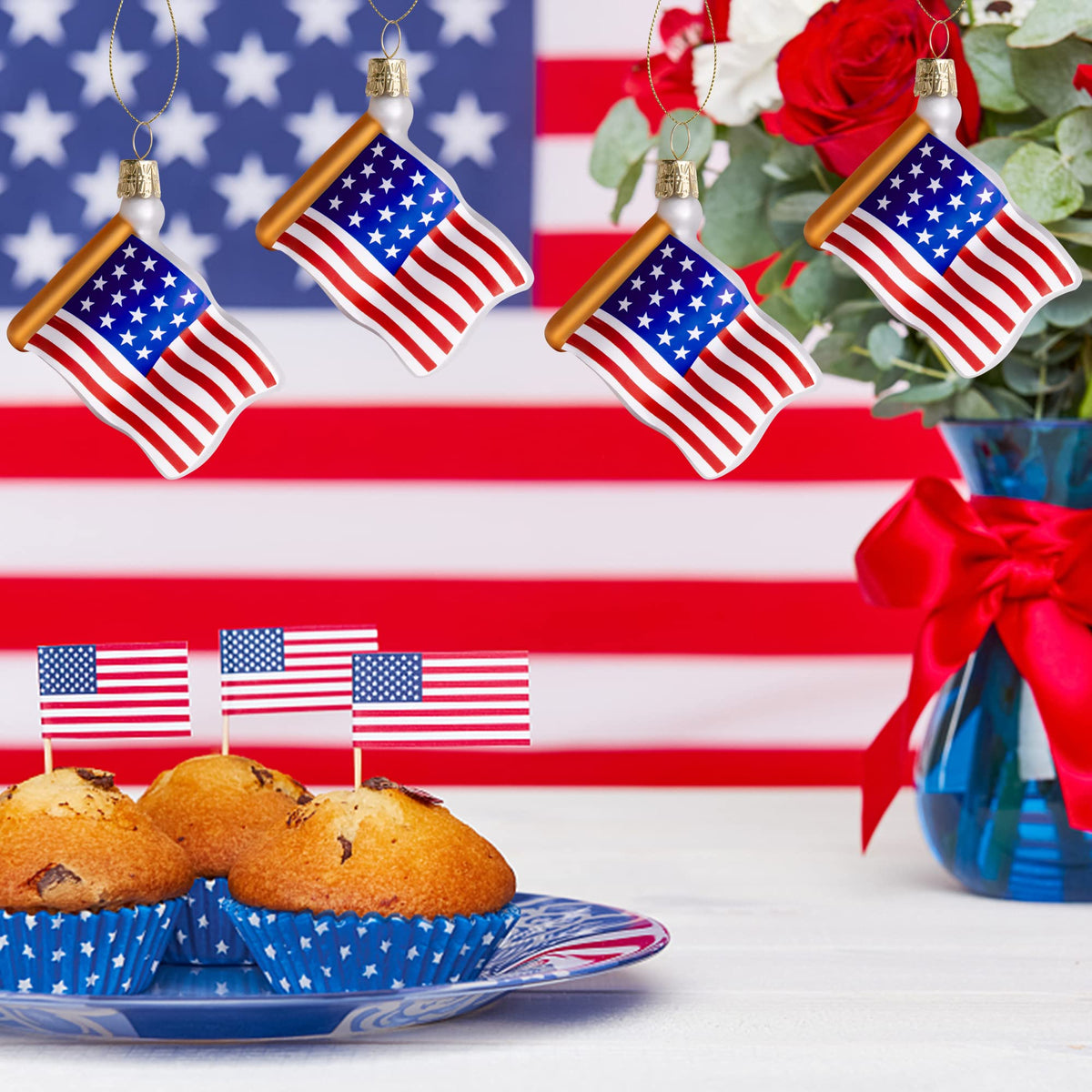 Watayo 8 PCS American Flag Glass Ornaments, Patriotic Glass Blown Flag Ornaments, 4th of July USA Flags Hanging Tree Decorations for Independence Memorial Veterans Day Decor