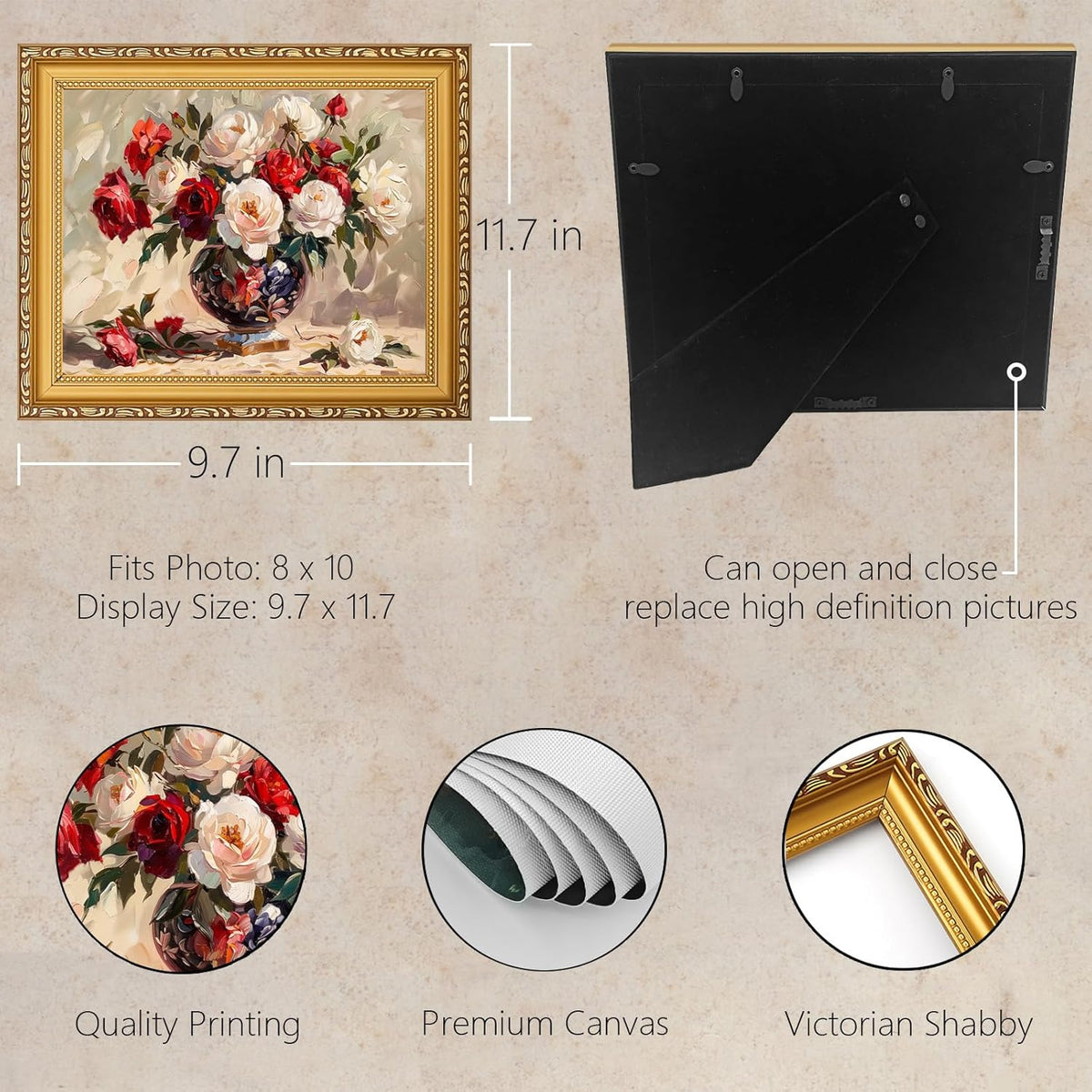 MIEVU Gold Vintage Framed Wall Art | Floral Canvas Prints for Living Room & Bedroom - 8x10in