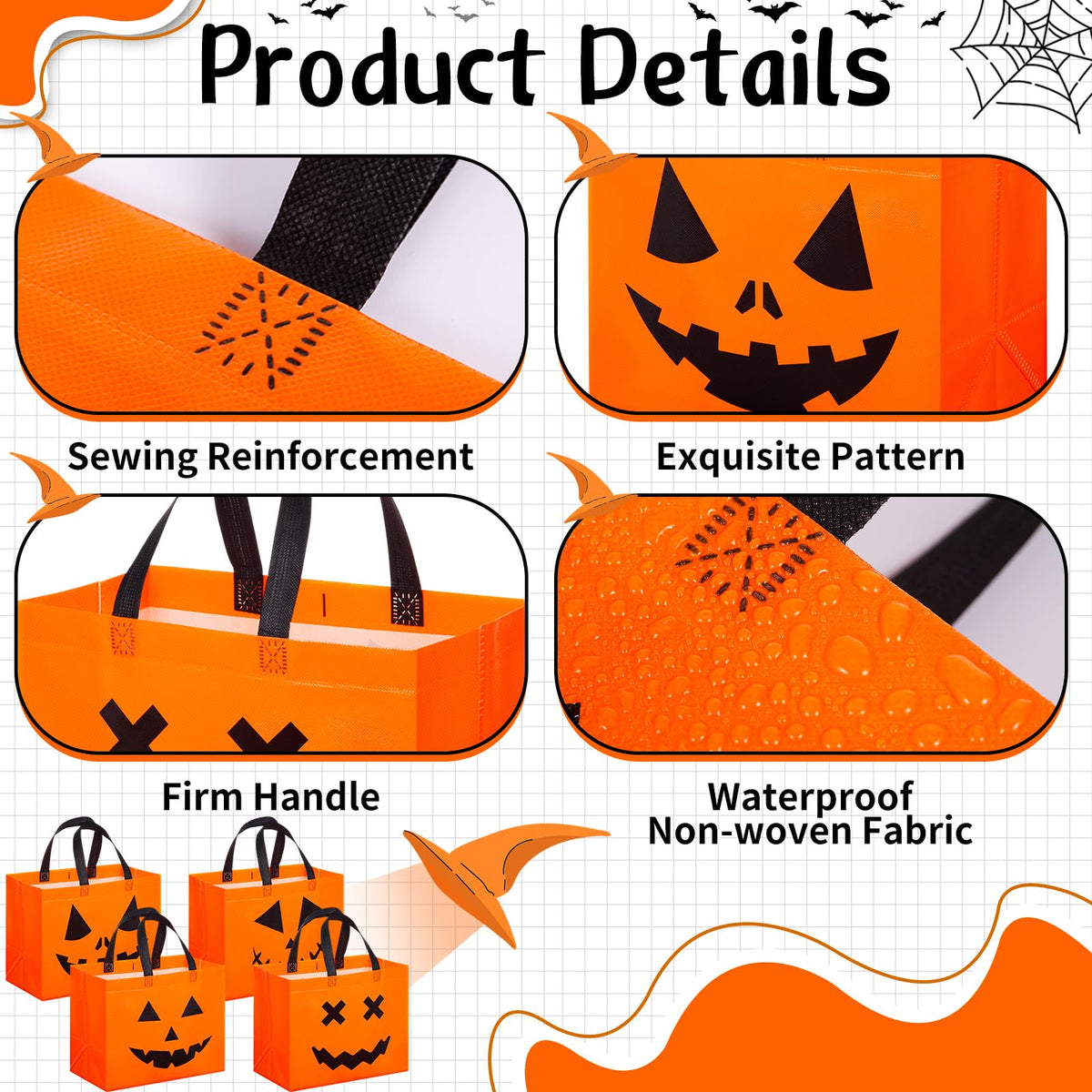 Lincia 24 Pcs Halloween Non Woven Pumpkin Bag 12.6 x 9.8 Inch Reusable Trick or Treat Gift Candy Goodie Handles Bag for Halloween Birthday Party Favors Classroom