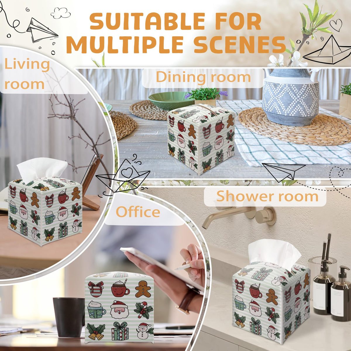 Merry Christmas Tissue Box Holder, Cute Santa Bow Leather Tissue Box Cover Square, Paper Facial Decorative Tissues Cover for Night Stands Bathroom Kitchen Office Home Decor-B30