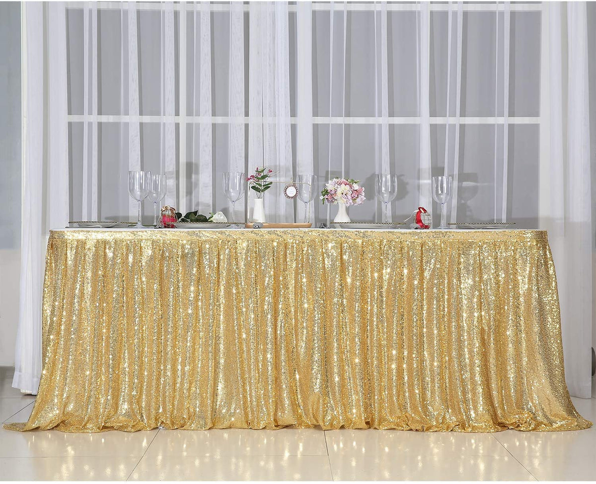 PartyDelight Sequin Table Skirt 9ft Gold for Round/Rectangle/SquareTables for Birthday Party Wedding Christmas