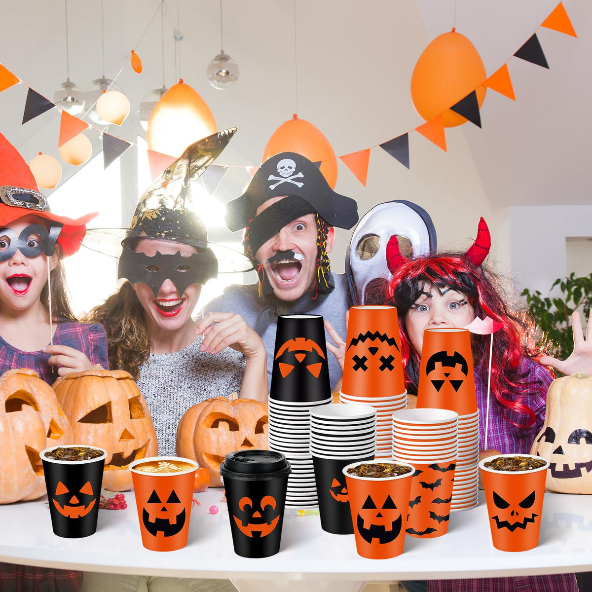 Hauwellter 100 Set Halloween Disposable Coffee Cups with Lids 12oz, Bulk Black Orange Pumpkin Disposable Party Paper Cups for Hot Chocolate Cold Drinks Halloween Birthday Party Supplies Decorations