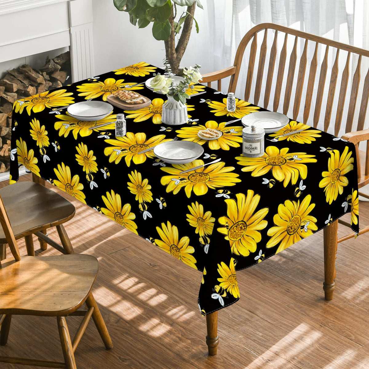 Horaldaily Summer Tablecloth 60×84 Inch Rectangular, Yellow Sunflower Bumble Bee Black Fall Washable Table Cover for Party Picnic Dinner Decor