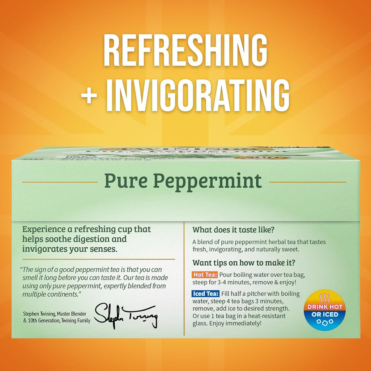Twinings Pure Peppermint Herbal Tea - 50 Individually Wrapped Bags | Fresh Minty Flavor, Caffeine-Free