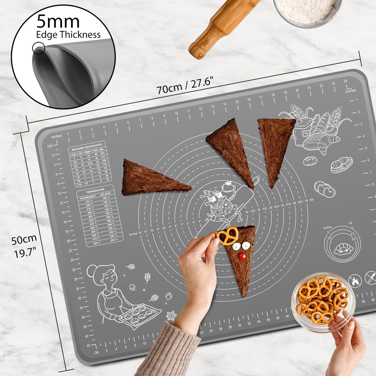 Silicone Pastry Mat 28" x 20" Extra Thick Non Stick Baking Mat with Measurements and Edge Heightening, Food Grade Silicone Rolling Mat for Pastry, Bread, Cookies, Pizza, Fondant, Pasta