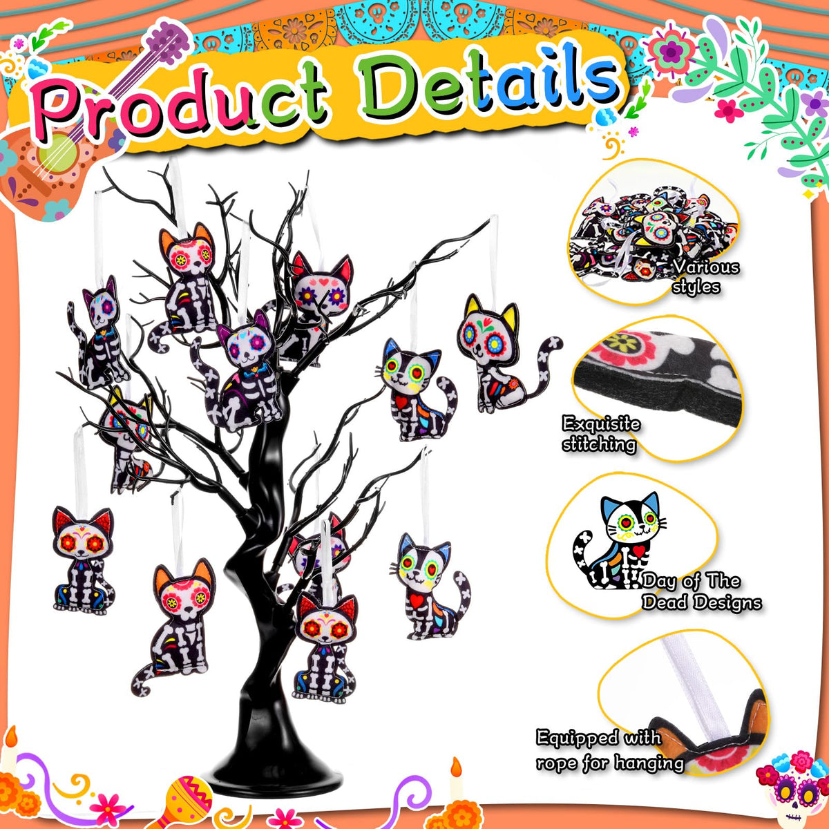 Remagr 12 Pcs Dia De Los Muertos Cat Felt Ornaments, Day of The Dead Cat Skeleton Hanging Halloween Ornaments for Mexcian Themed Party School Bags Indoor Outdoor Tree Hanging Decorations