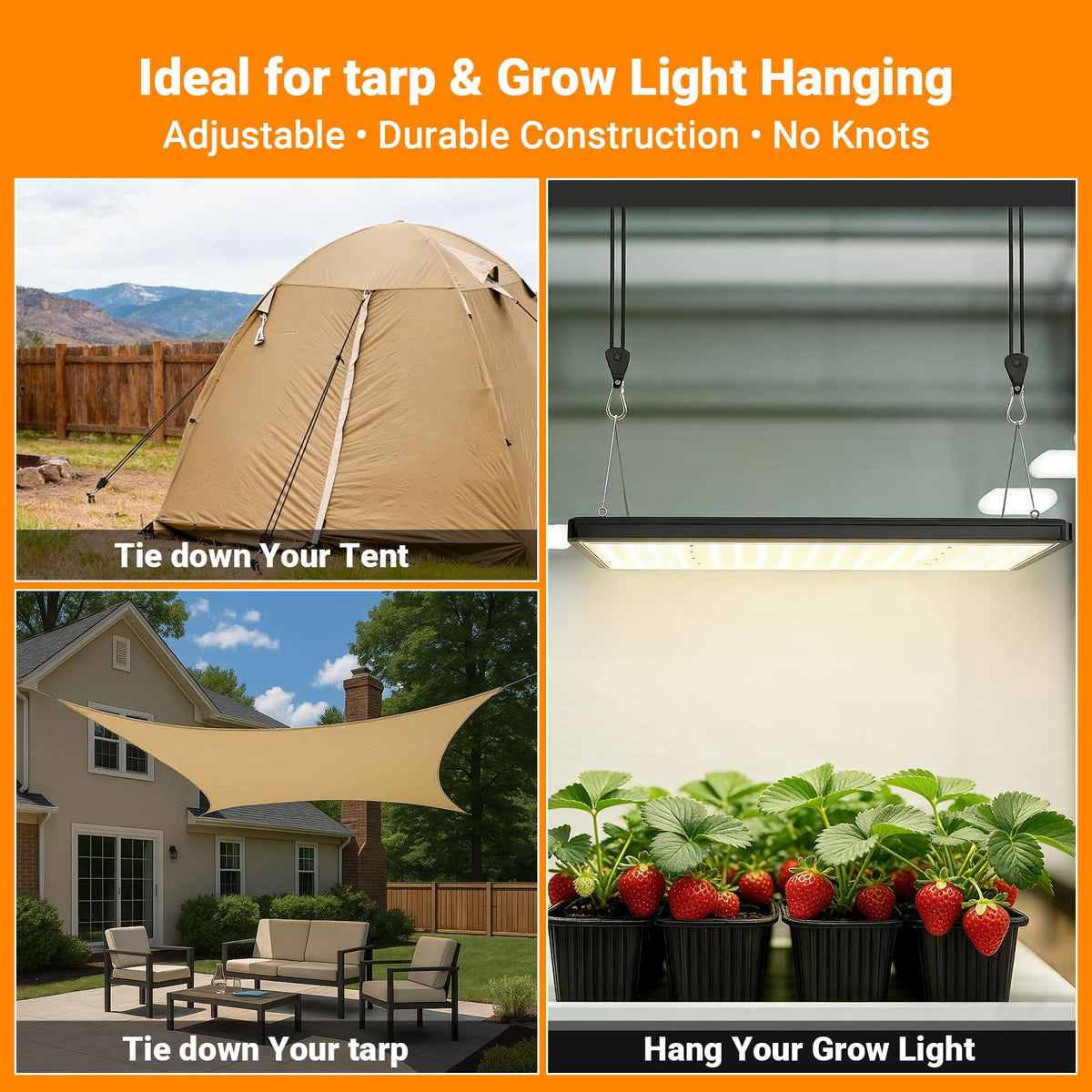Longer 15ft Paracord Rope Tie Down Ratchet Strap Small Reflective Portable Adjustable Fix Camping Rope Tent Tarp Tie Downs Grow Plant Light Hangers Pulley Tightener Tensioner Adjuster 1/8in 4Pack