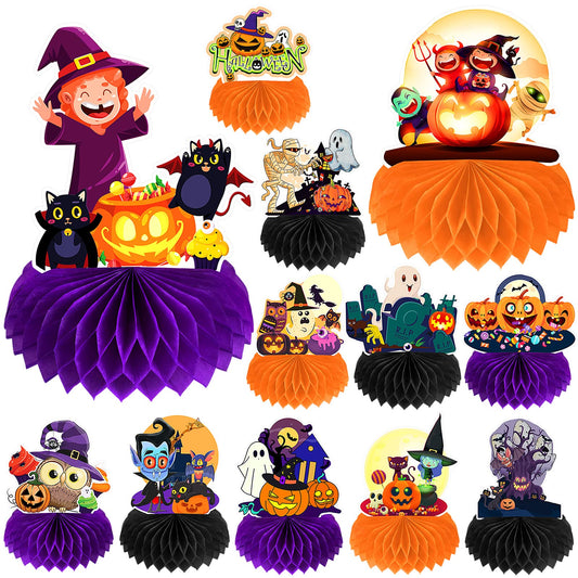 12 Pack Halloween Honeycomb Centerpieces Table Decorations,Pumpkin Ghost Witch Cat Tombstone and More Halloween Elements for Halloween Party Favors Supplies,Cute Party Home Room Table Desk Decor