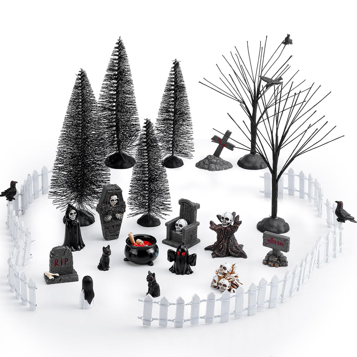 Liliful 32 Pcs Halloween Village Miniature Town Accessories Set Halloween Figurines Spooky Bare Branches Tombstones Skeleton Skulls Resin Horror Village Collections for Party Town Decorations