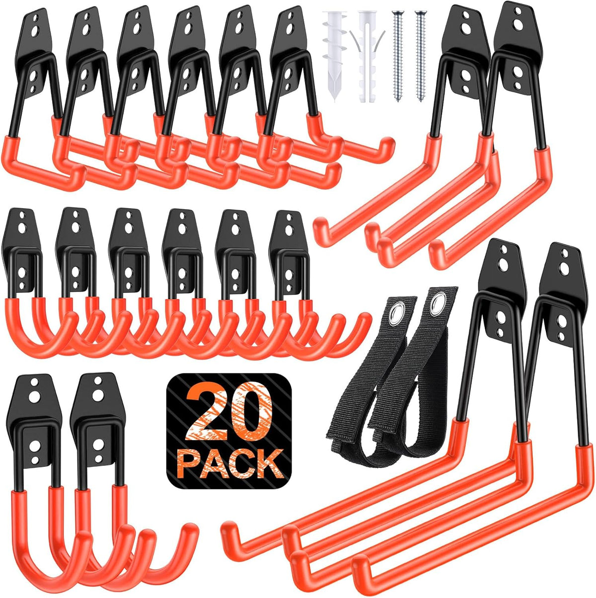 Skiennix Heavy Duty Garage Hooks - Solid Steel Wall Mount Hangers with Anti-Slip Coating | 20 Pack for Organizing Tools