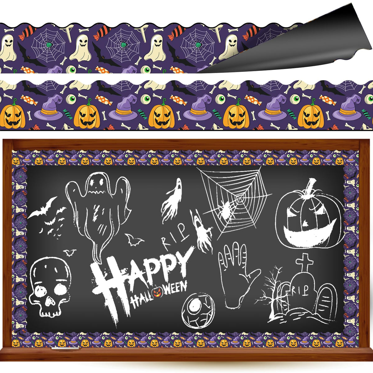 JYNTERPLAY 30Pcs Halloween Magnetic Bulletin Board Borders for Classroom Spooky Pumpkin Ghost Spider Web Bat Purple Border Strips Die Cut for Whiteboard Chalkboard Office Decor