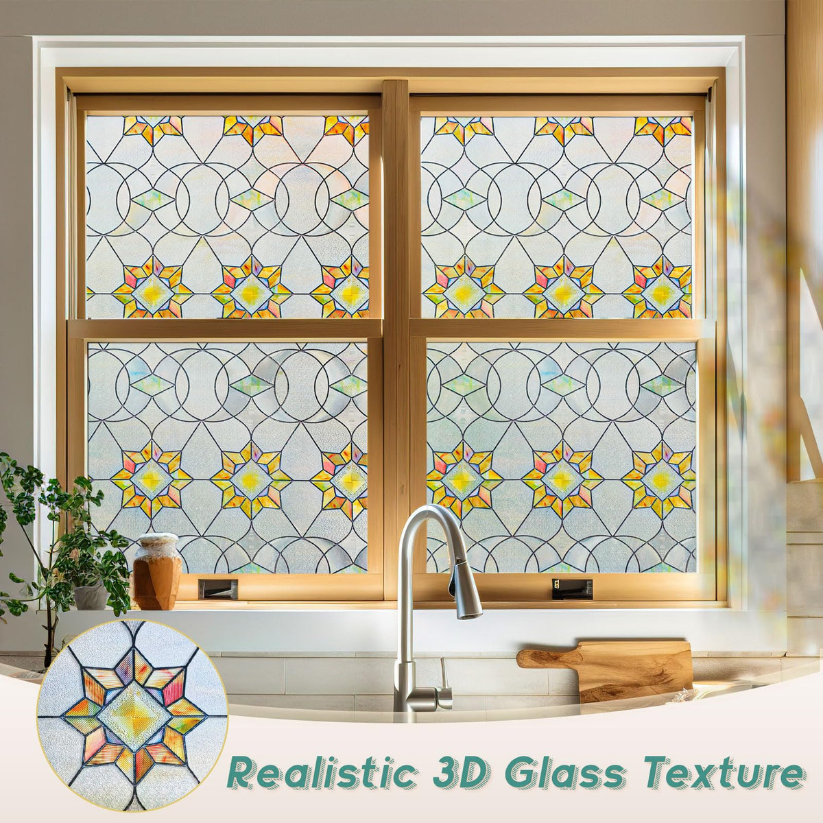 Oxdigi 3D Stained Glass Window Film - Static Cling Privacy Protection & UV Blocking, Floral Geometry Pattern 23.6x35.4 (No Residue, Reusable)