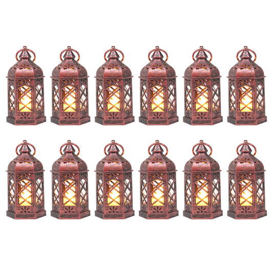 12PCS Mini Lantern with Flicker LED Candle for Halloween Decorations, Small Lanterns Decorative, Vintage Hanging Moroccan Lantern for Wedding Halloween Christmas Decor, Table Centerpiece, Rose Gold