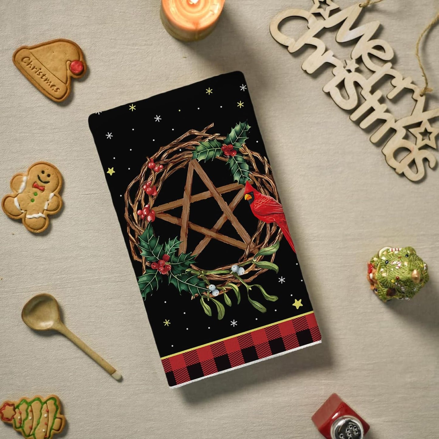 Yule Christmas Kitchen Towels - Scandinavian Straw Goat Julbock & Mistletoe Decor | Festive Dish Towels