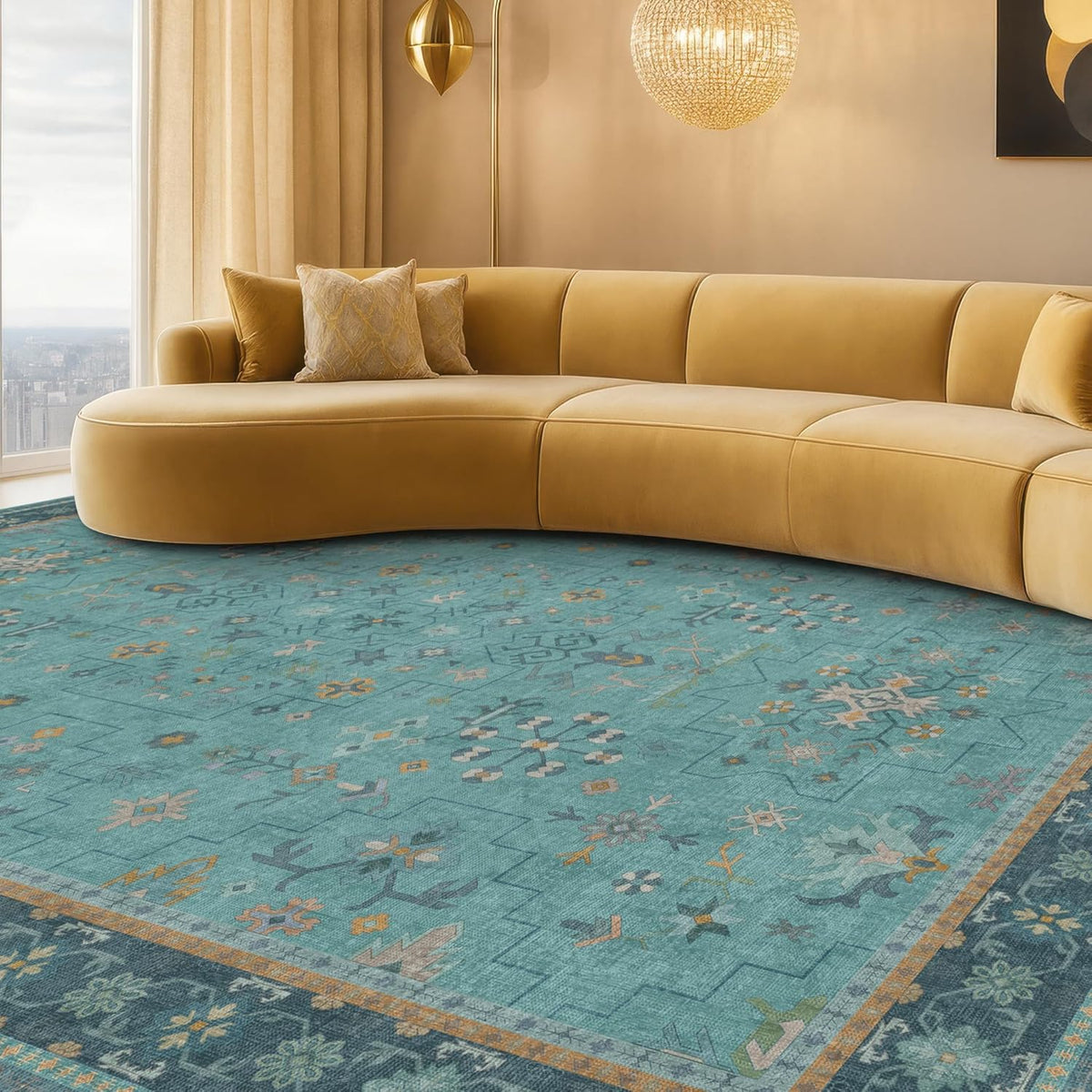 Skiennix Washable Large Teal Boho Living Room Rug - Soft Floral Design, Non-Slip & Stain Resistant, 10x12