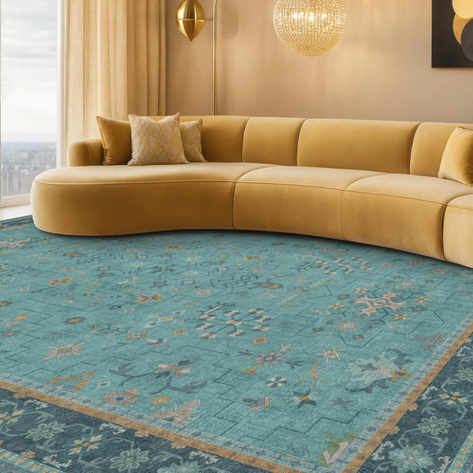 Skiennix Washable Large Teal Boho Living Room Rug - Soft Floral Design, Non-Slip & Stain Resistant, 10x12