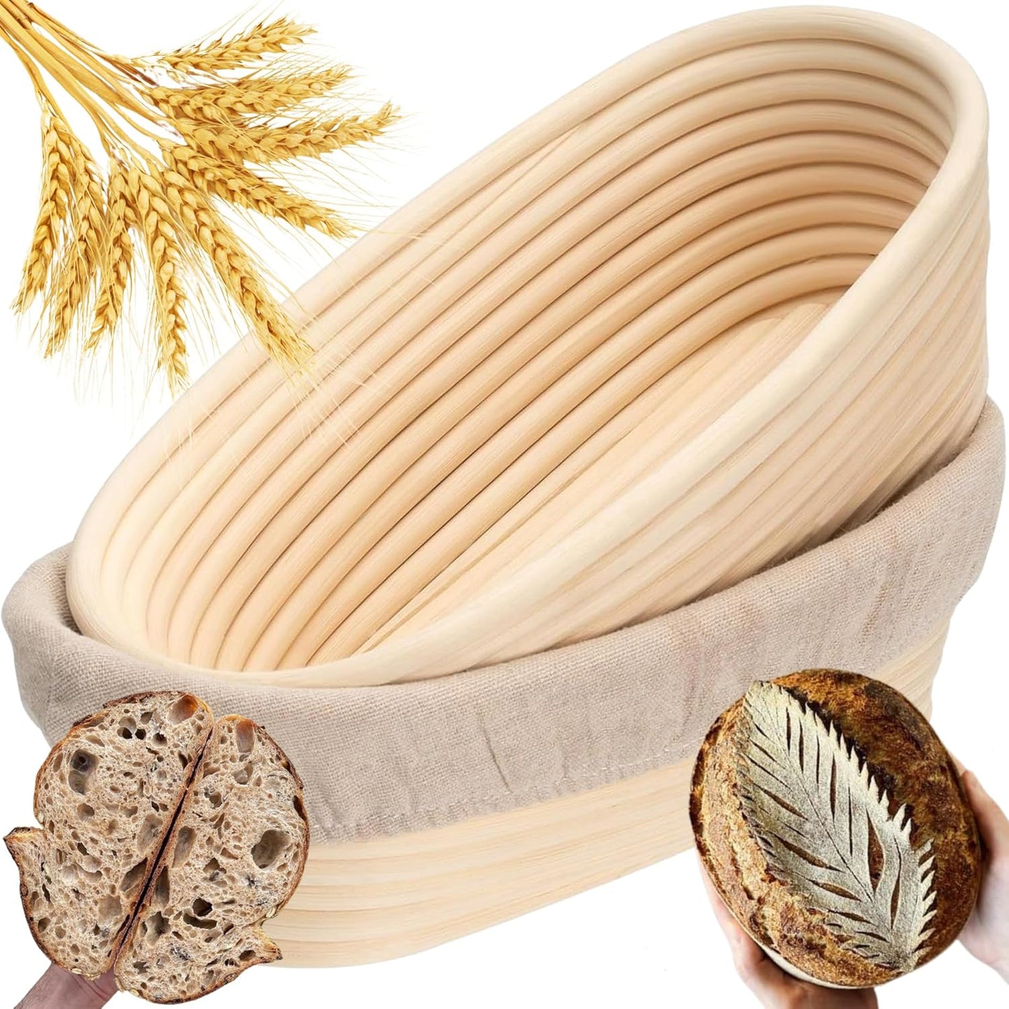 Banneton Bread Proofing Basket - 10-Inch Oval Set of 2 with Liner for Artisan Sourdough Baking