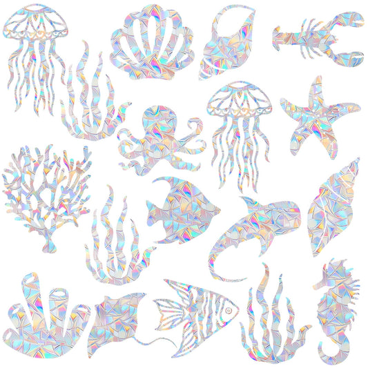18 Pieces Ocean Window Decals for Bird Strikes - Anti-Collision Clings to Save Birds from Glass Collisions,Non Adhesive,Rainbow Suncatcher Stickers