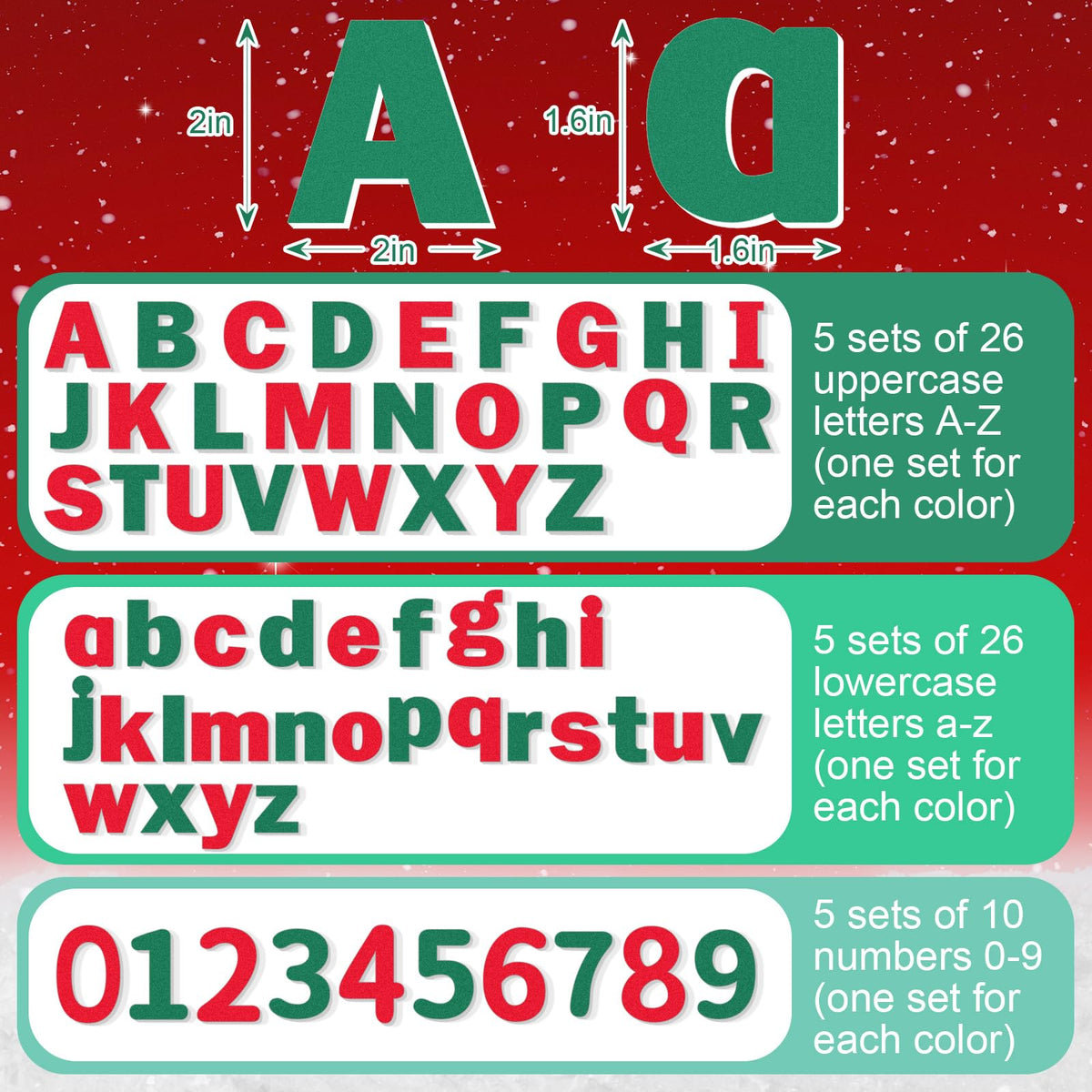 Breling 310 Pieces Felt Letter Bulletin Board Letters Sticker with Number 2" Bulk Self Adhesive ABC Upper Lowercase Sticky Letter for Xmas Gift Bulletin Board Classroom(Christmas Color)