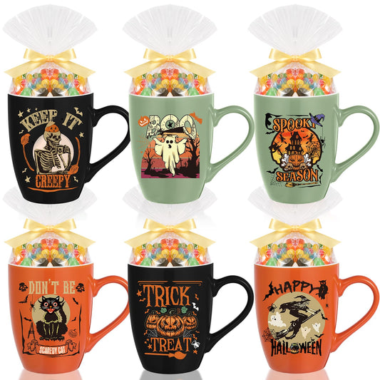 Shellwei Halloween Gifts Set of 6 Ceramic Halloween Coffee Mugs 11 Oz, Clear Gift Bags with Ties, Rolls Ribbons Scary Tea Cups Set for Vintage Horror Business Gifts Trick or Treat Party Favors