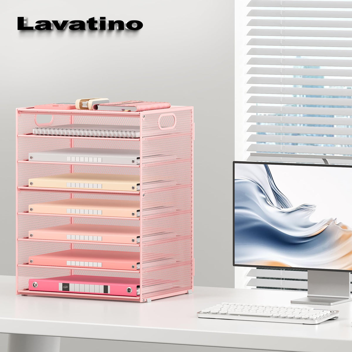 Lavatino 8-Tier Letter Tray Desk Paper Organizer, Mesh File Sorter Tray Organizer for Desk Office Supplies & Home Organization, Fits A4 Paper, Mail, Magazines and Office Accessories (Pink with Handle)