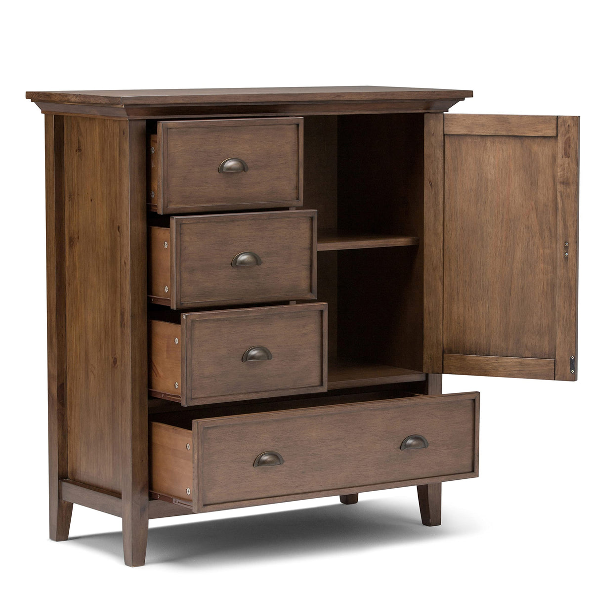 SIMPLIHOME Redmond Storage Cabinet - 39 inch Wide Solid Wood Medium Storage Cabinet in Rustic Natural Aged Brown, Transitional Accent Cabinet for Entryway with 4 Drawers and Cabinet Storage