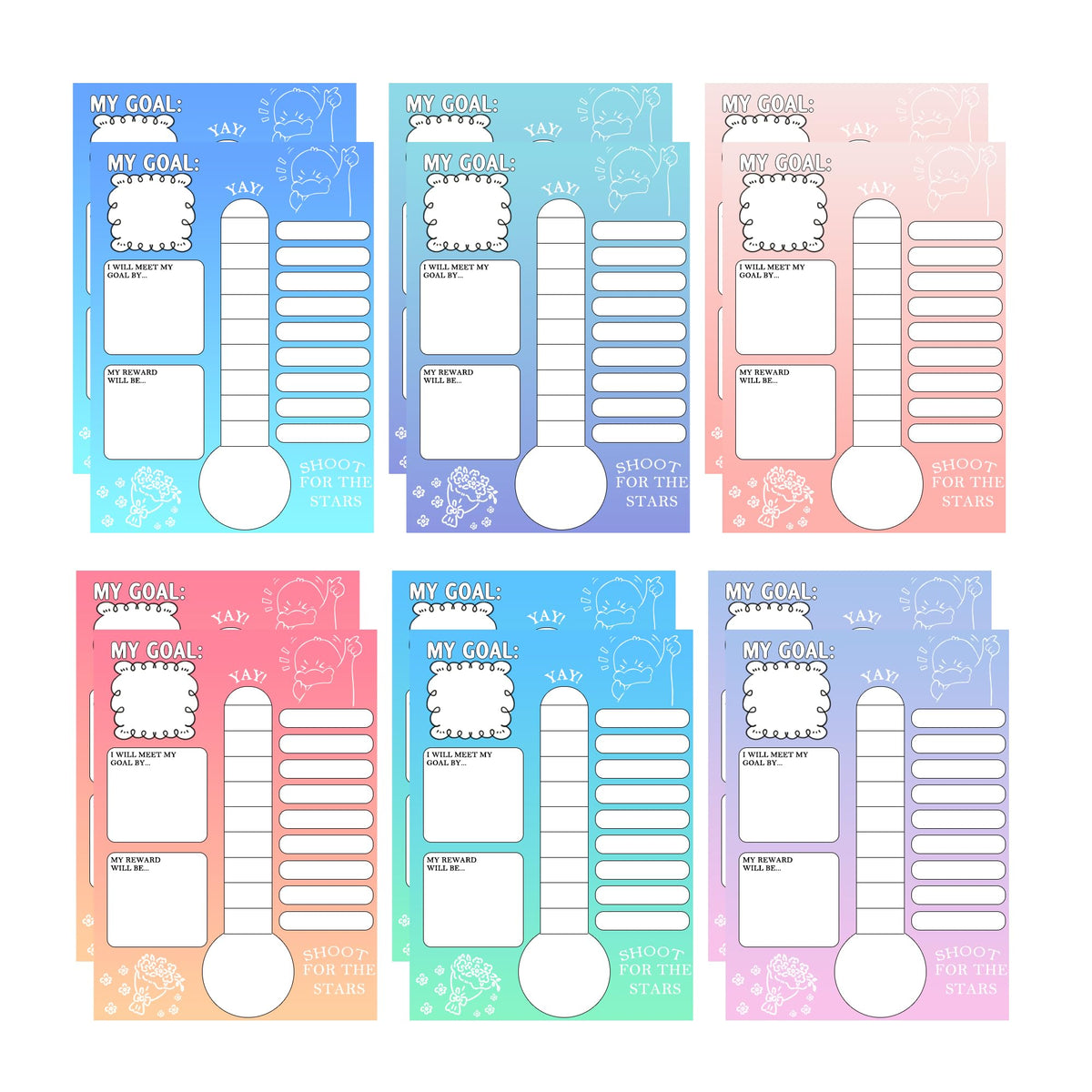 Goal Thermometer Trackers,11.2x16.5 Inches Self-Adhesive Data Wall Tracking Posters Goal Tracker Board Wall Chart Sticker for Home Classrooms Offices or Community Groups Plan Supplies(6 Color),12 Pcs