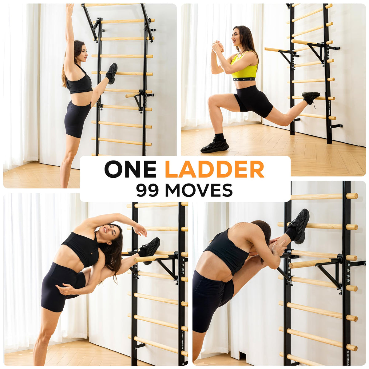 GymYard Swedish Ladder, Wood Stall Bar, Swedish ladders Wall Gym Adult, Adjustable Pull Up and Dip Station for Adults and Kids, 9-Anchor Solid Pine, Home Fitness