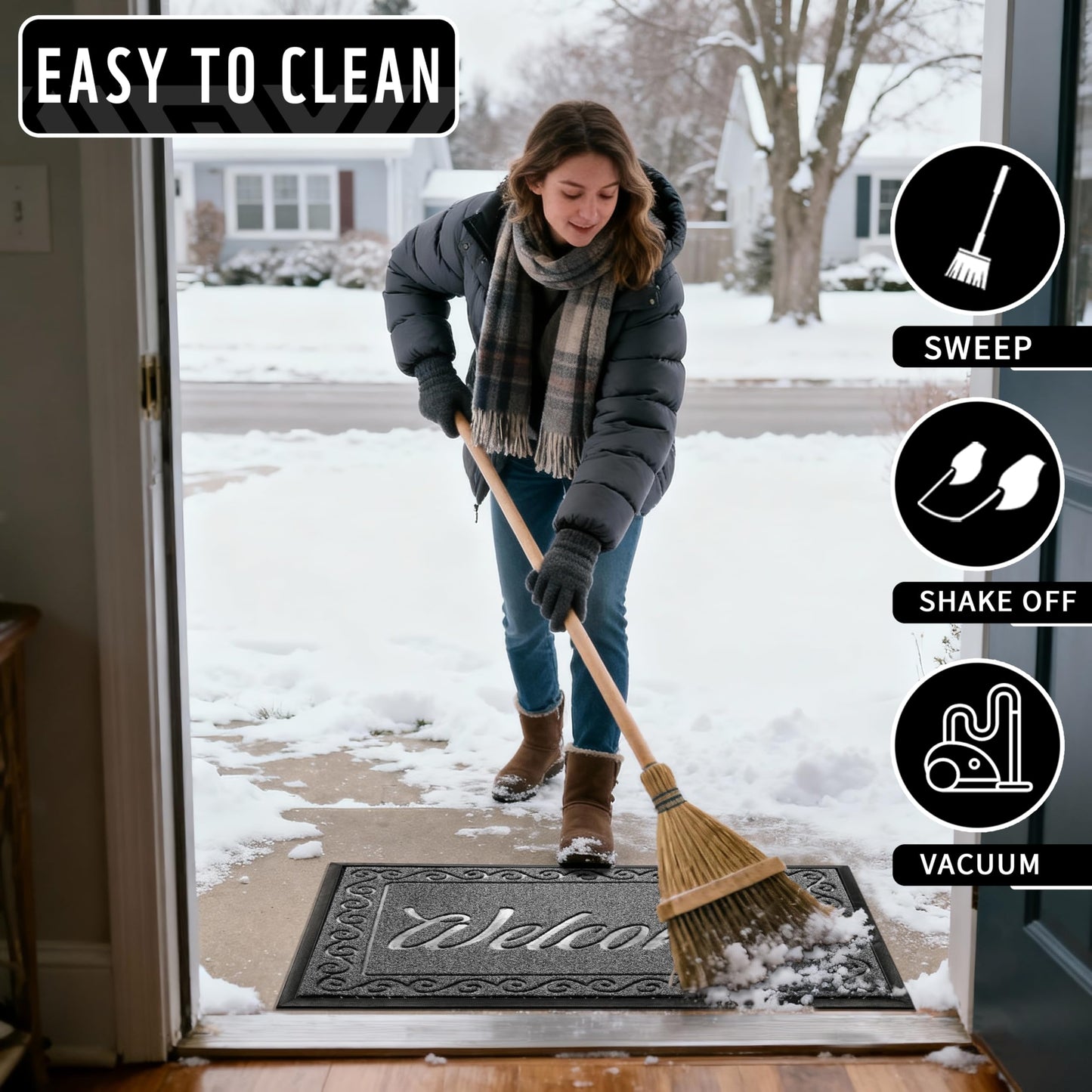 Yimobra Welcome Mat, Heavy Duty Sturdy Door Mats for Home Entrance Outdoor Indoor, Front Doormat for Outside Patio Floor Entry Porch Garage Office, Waterproof, Low Profile, 29.5x17, Black Grey