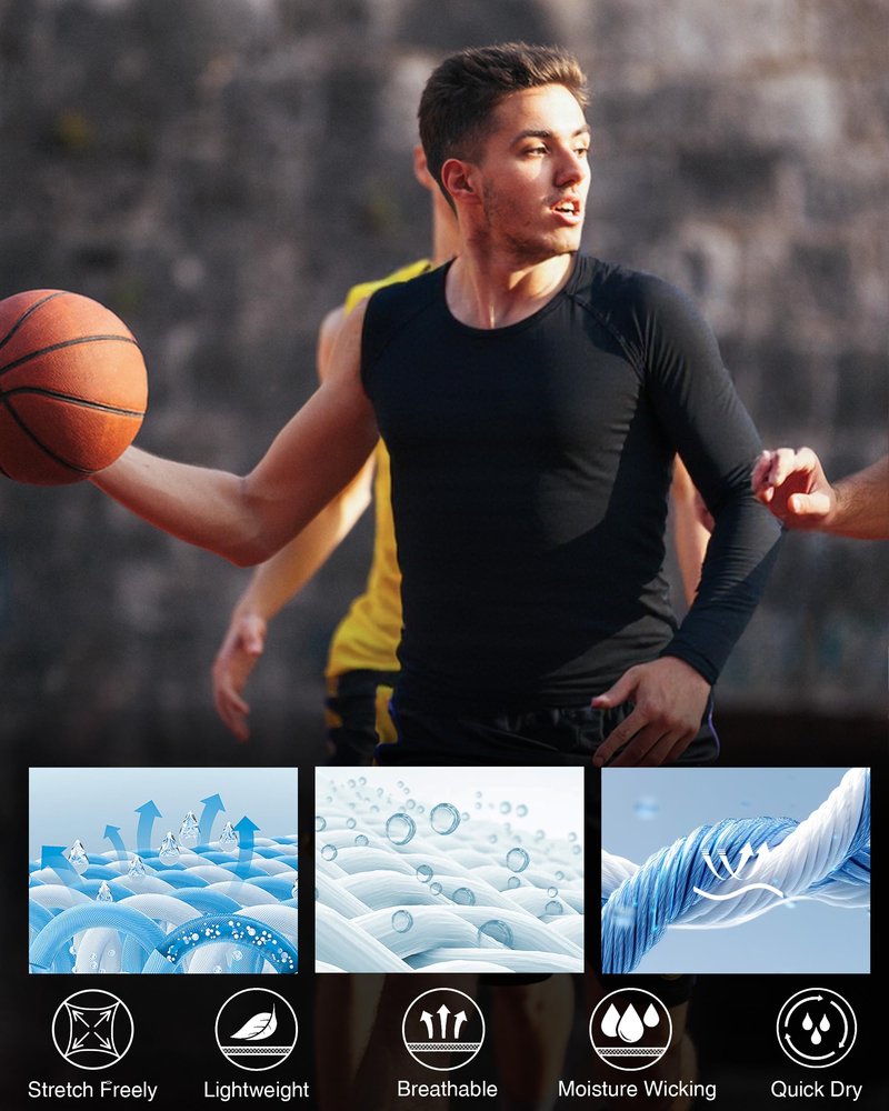 RIKUAOU Mens One Arm Sleeve Compression Shirts 1/2 Long Sleeve Athletic Base Layer Undershirt Basketball Workout Top