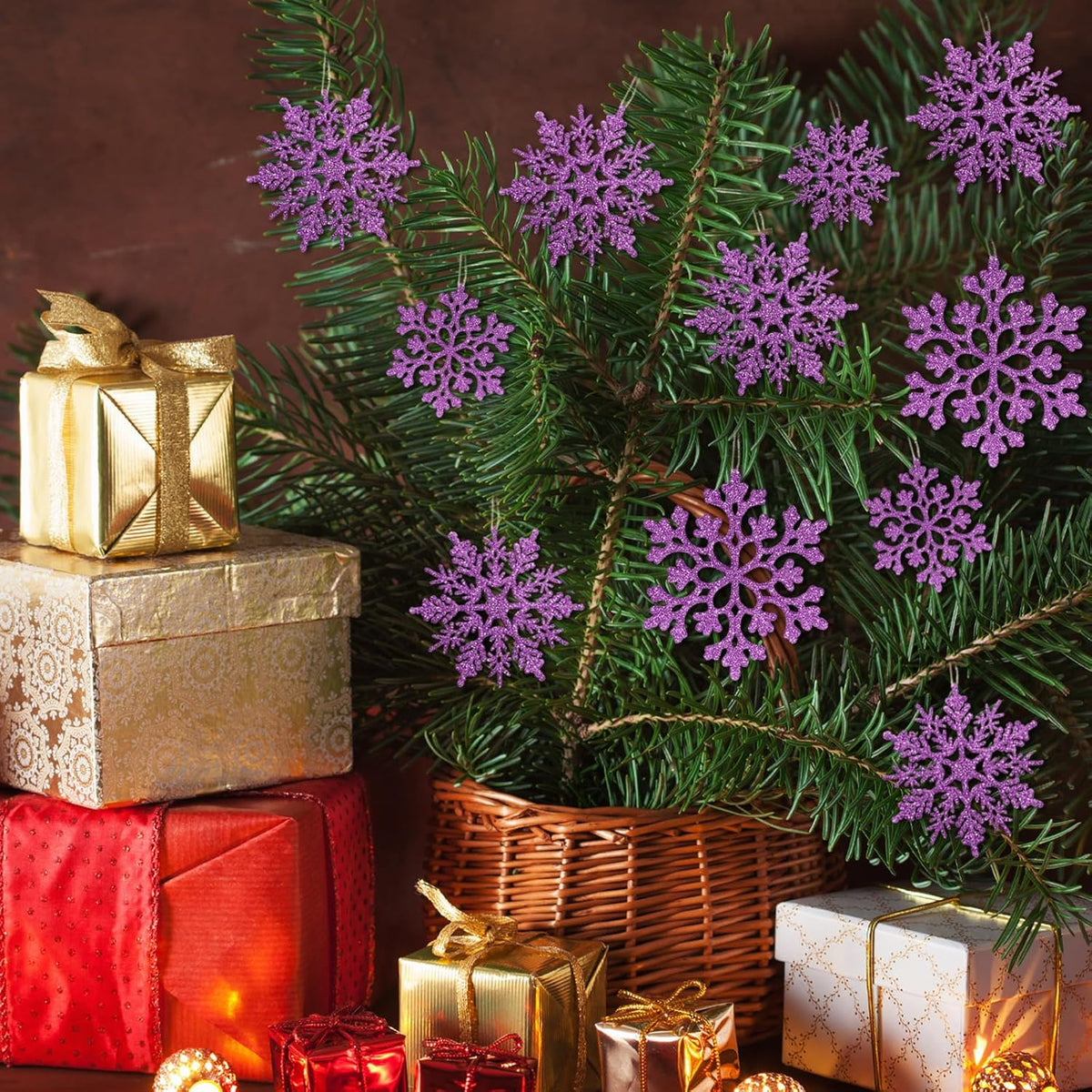 Skiennix 36pcs Christmas Light Purple Snowflake Ornaments - Plastic Hanging Decor for Holiday Home & Parties