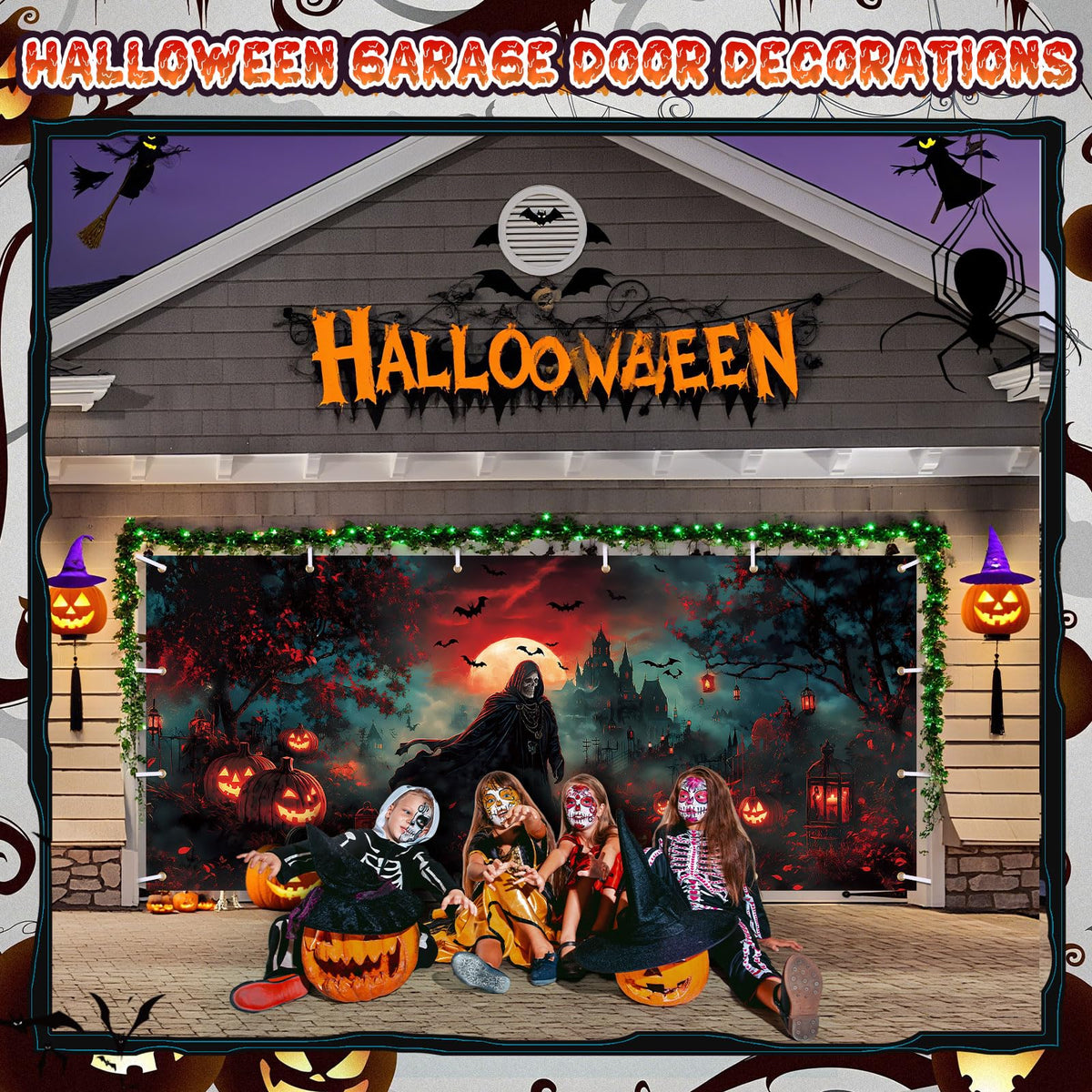 Remagr 7 x 16 ft Halloween Garage Door Banner Large Halloween Hanging Backdrop Door Cover Gloomy Skull Garage Wall Decoration Backdrop Mural for Party Wall Window Yard Outdoor Holiday (Spooky)