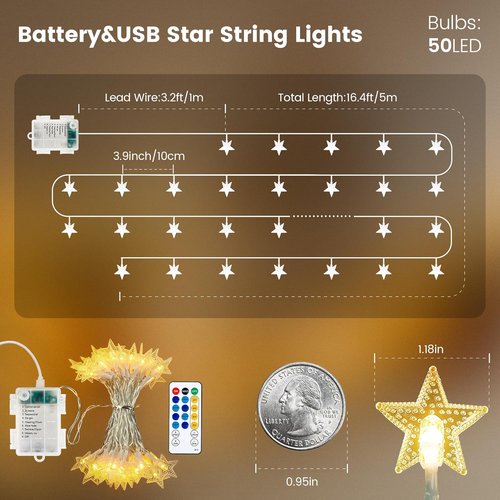HEYFUNi Star String Lights - 50 LED Fairy Lights with Remote | 16ft USB & Battery Operated, Waterproof Decor for Kids' Bedroom & Nursery