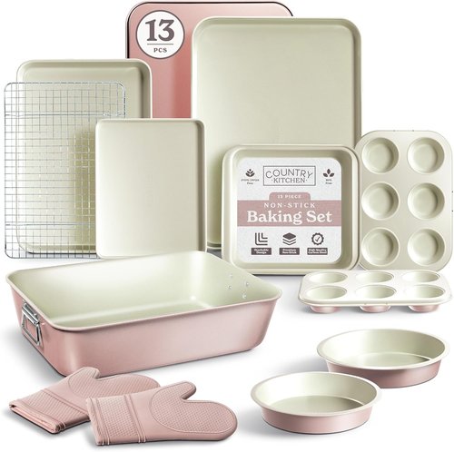 Country Kitchen Nonstick Bakeware Set - Durable, Easy Release 13-Piece Stackable Set in Pink